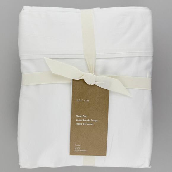 West Elm 400 Thread Count Sateen Sheet Set Queen White Cotton Wide Hem NWT - Picture 1 of 9